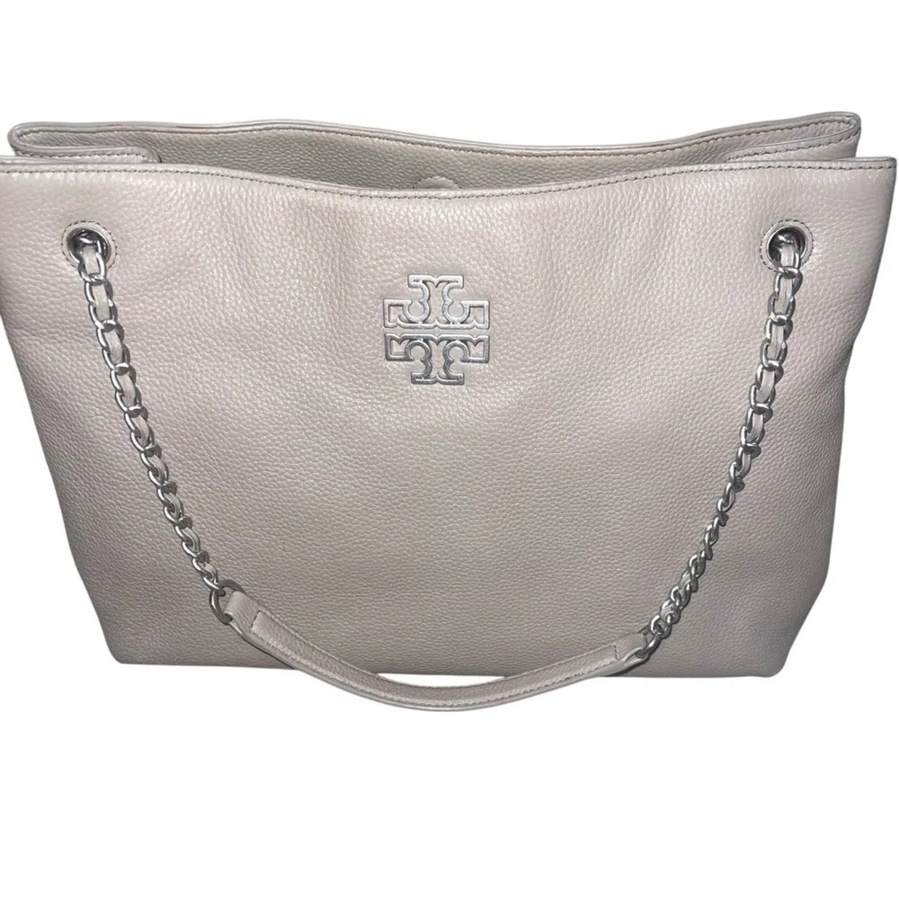 EUC Tory Burch Britten French Grey Pebbled Leather Triple Compartment Tote